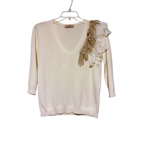 Twinset Wool Cashmere Blend Sweater L Asymmetric Ruffle Fringe Ivory Luxury - Picture 4 of 15